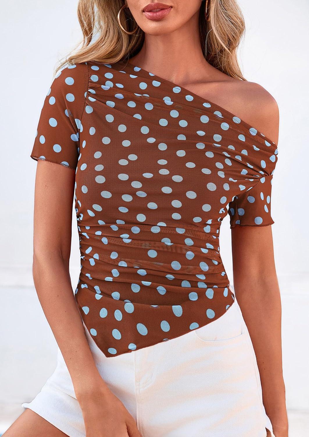 imagePRETTYGARDEN Womens Summer Off The Shoulder Tops 2026 Spring Short Sleeve Mesh Tie Dye Shirt Ruched Asymmetrical Y2k ClothesPolka Dot Brown