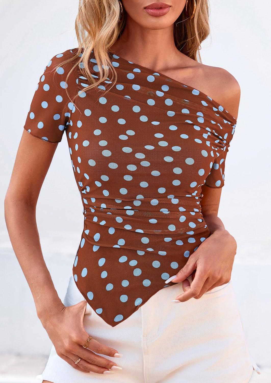imagePRETTYGARDEN Womens Summer Off The Shoulder Tops 2026 Spring Short Sleeve Mesh Tie Dye Shirt Ruched Asymmetrical Y2k ClothesPolka Dot Brown