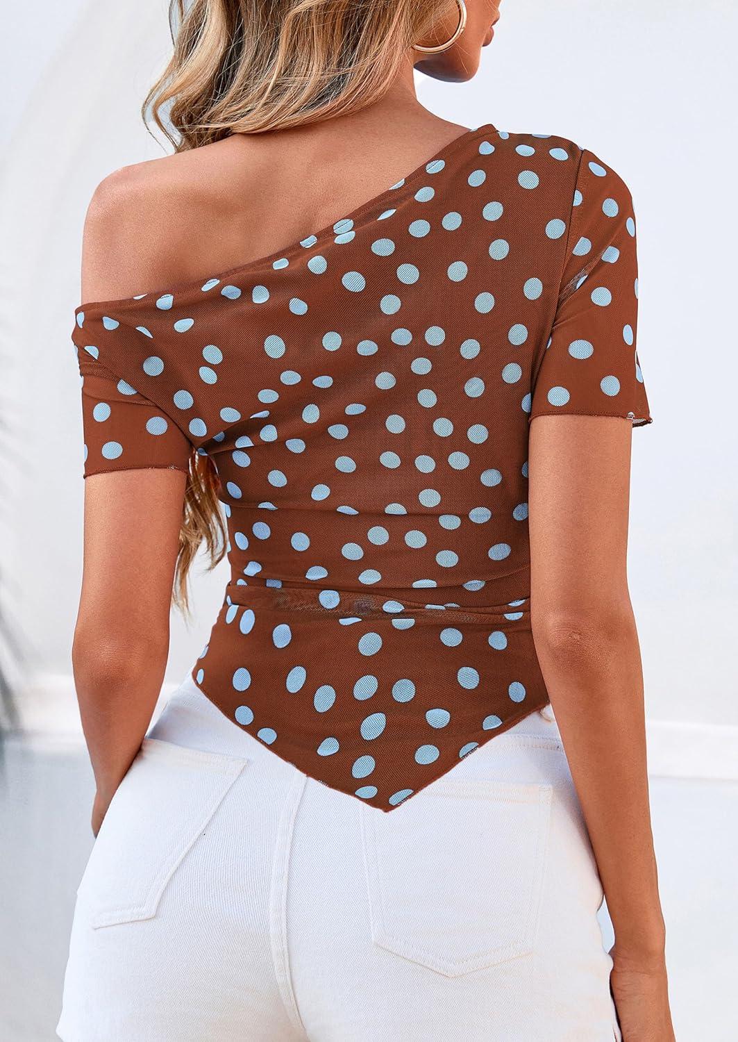 imagePRETTYGARDEN Womens Summer Off The Shoulder Tops 2026 Spring Short Sleeve Mesh Tie Dye Shirt Ruched Asymmetrical Y2k ClothesPolka Dot Brown