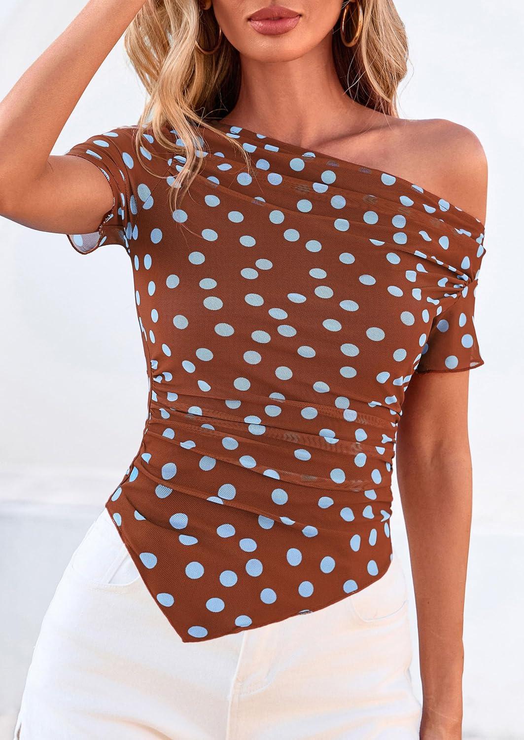 imagePRETTYGARDEN Womens Summer Off The Shoulder Tops 2026 Spring Short Sleeve Mesh Tie Dye Shirt Ruched Asymmetrical Y2k ClothesPolka Dot Brown