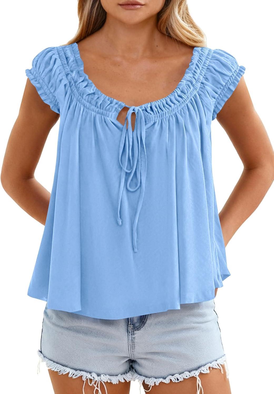 imagePRETTYGARDEN Womens Tie Front Tank Tops 2026 Summer Fashion Cap Sleeve Babydoll Blouses Flowy Shirts Spring Going Out OutfitsLight Blue