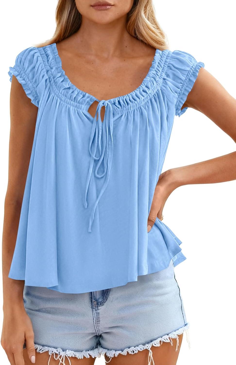 imagePRETTYGARDEN Womens Tie Front Tank Tops 2026 Summer Fashion Cap Sleeve Babydoll Blouses Flowy Shirts Spring Going Out OutfitsLight Blue