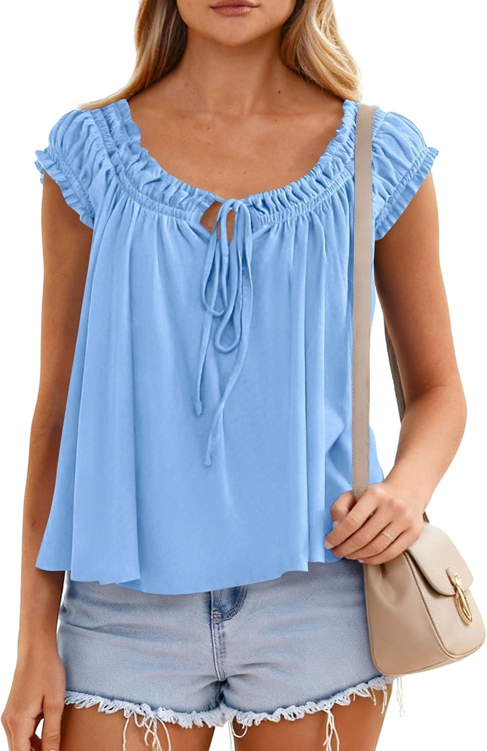 imagePRETTYGARDEN Womens Tie Front Tank Tops 2026 Summer Fashion Cap Sleeve Babydoll Blouses Flowy Shirts Spring Going Out OutfitsLight Blue