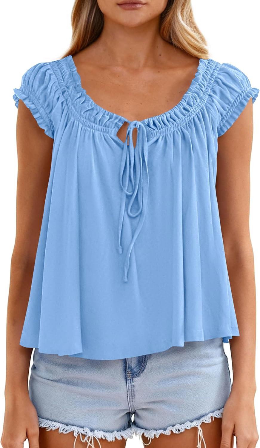 imagePRETTYGARDEN Womens Tie Front Tank Tops 2026 Summer Fashion Cap Sleeve Babydoll Blouses Flowy Shirts Spring Going Out OutfitsLight Blue