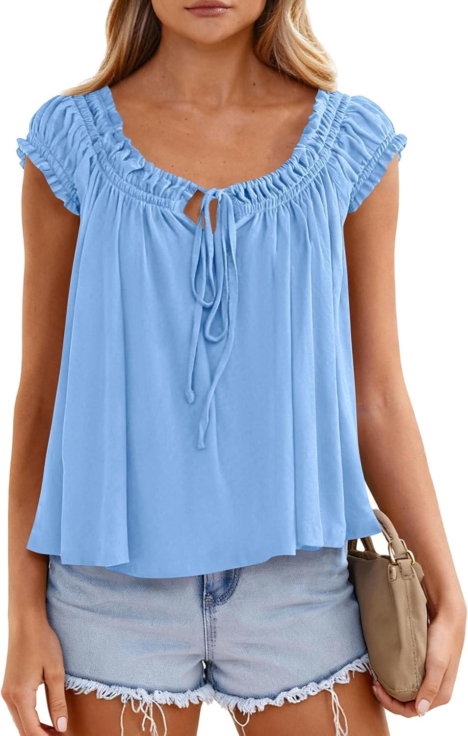 imagePRETTYGARDEN Womens Tie Front Tank Tops 2026 Summer Fashion Cap Sleeve Babydoll Blouses Flowy Shirts Spring Going Out OutfitsLight Blue