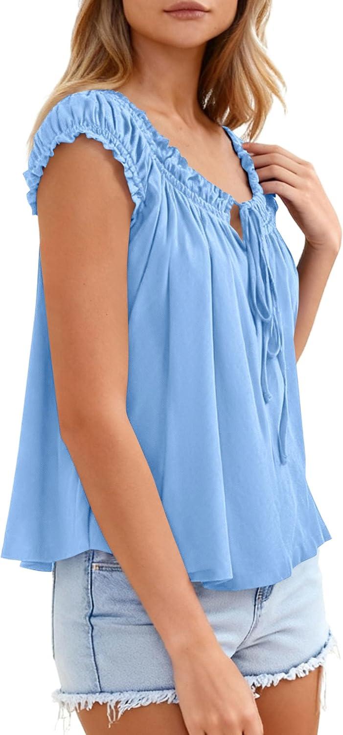 imagePRETTYGARDEN Womens Tie Front Tank Tops 2026 Summer Fashion Cap Sleeve Babydoll Blouses Flowy Shirts Spring Going Out OutfitsLight Blue