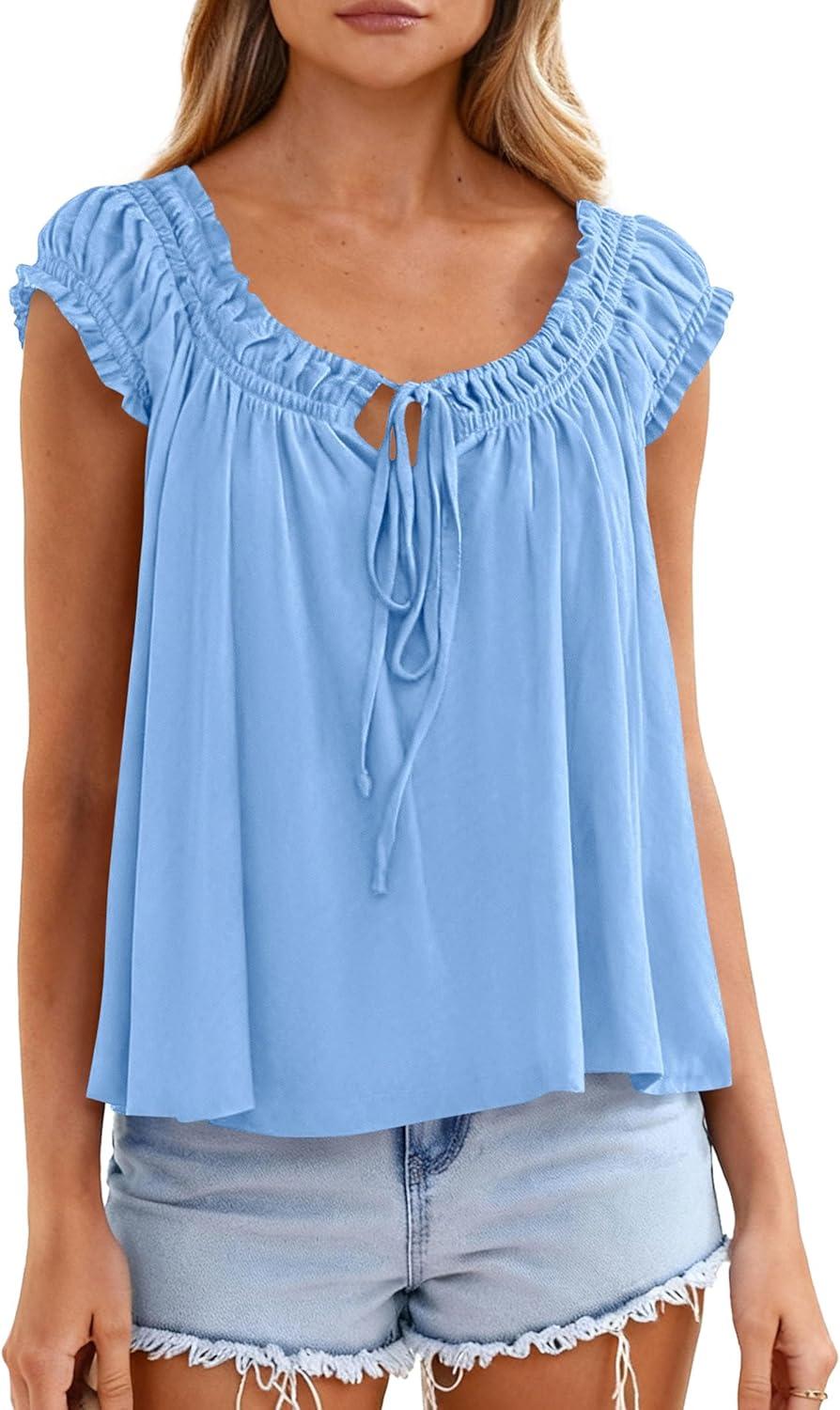 imagePRETTYGARDEN Womens Tie Front Tank Tops 2026 Summer Fashion Cap Sleeve Babydoll Blouses Flowy Shirts Spring Going Out OutfitsLight Blue