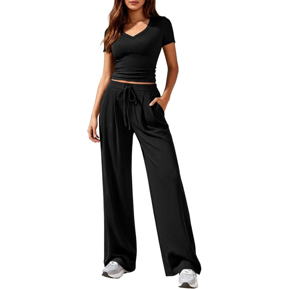 imagePRETTYGARDEN 2 Piece Sets for Women Summer 2026 Spring Lounge Set Matching V Neck Tops Wide Leg Pants Airport Travel OutfitsBlack