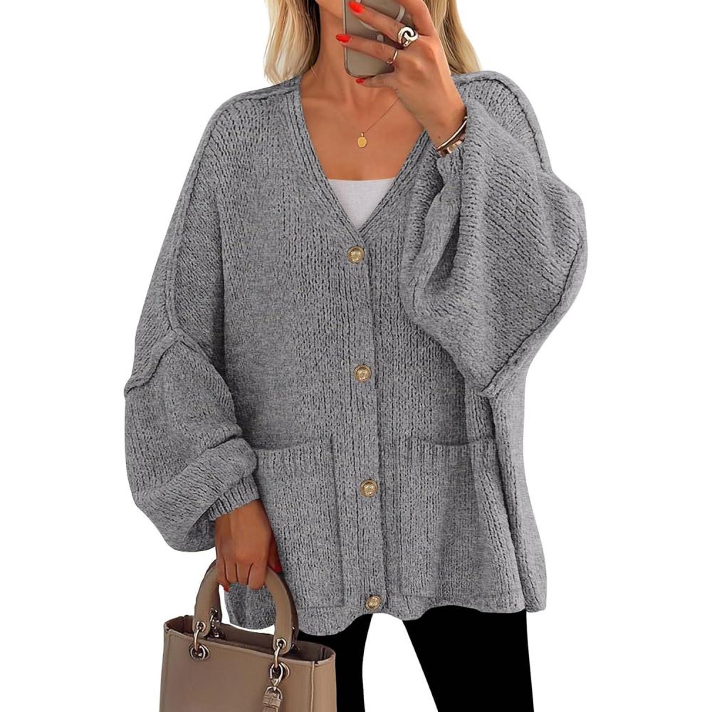imagePRETTYGARDEN Fall Chunky Cardigan Sweaters for Women 2026 Button Long Lantern Sleeve Knit Oversized Coats with PocketsDark Grey
