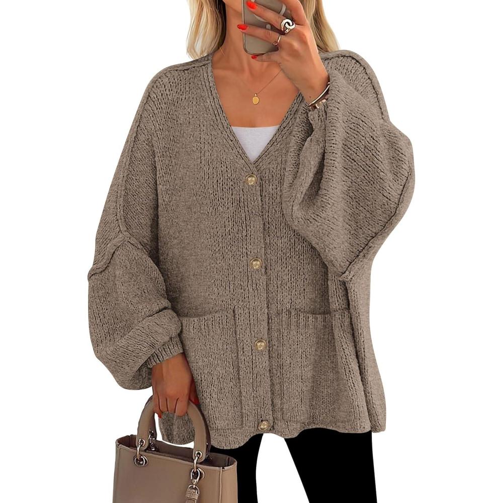 imagePRETTYGARDEN Fall Chunky Cardigan Sweaters for Women 2026 Button Long Lantern Sleeve Knit Oversized Coats with PocketsDark Khaki