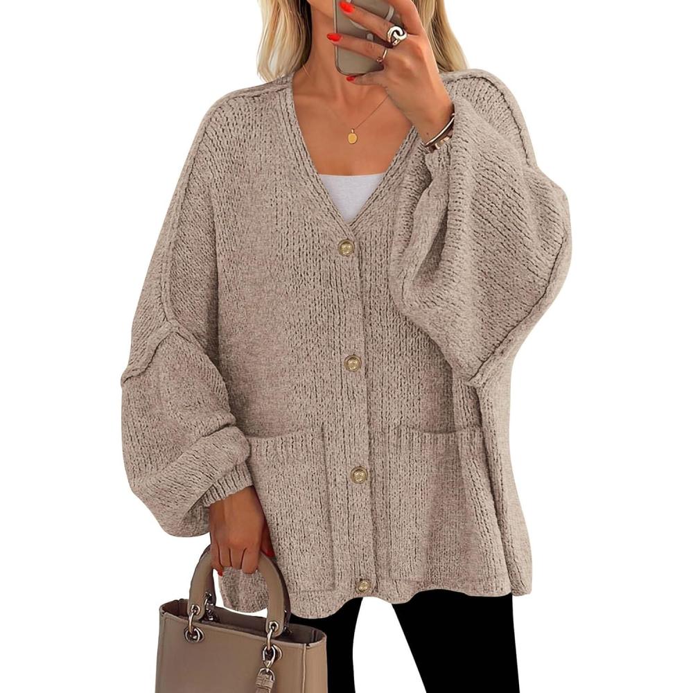 imagePRETTYGARDEN Fall Chunky Cardigan Sweaters for Women 2026 Button Long Lantern Sleeve Knit Oversized Coats with PocketsLight Khaki