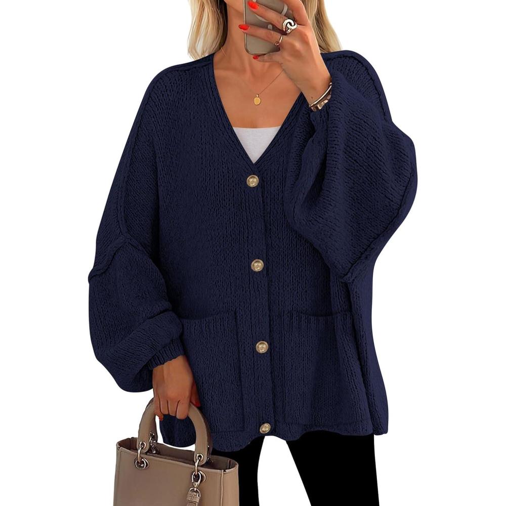imagePRETTYGARDEN Fall Chunky Cardigan Sweaters for Women 2026 Button Long Lantern Sleeve Knit Oversized Coats with PocketsNavy
