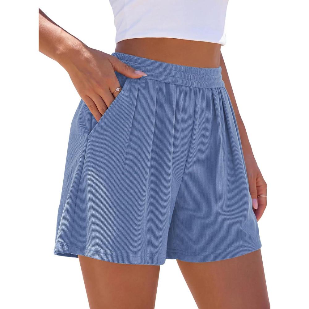 imagePRETTYGARDEN Flowy Summer Shorts for Women High Waisted Wide Leg Knitted Wide Leg Soft Pajama Shorts Women Vacation OutfitsGrey Blue