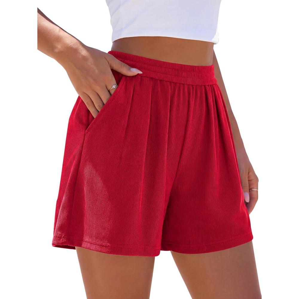 imagePRETTYGARDEN Flowy Summer Shorts for Women High Waisted Wide Leg Knitted Wide Leg Soft Pajama Shorts Women Vacation OutfitsRed