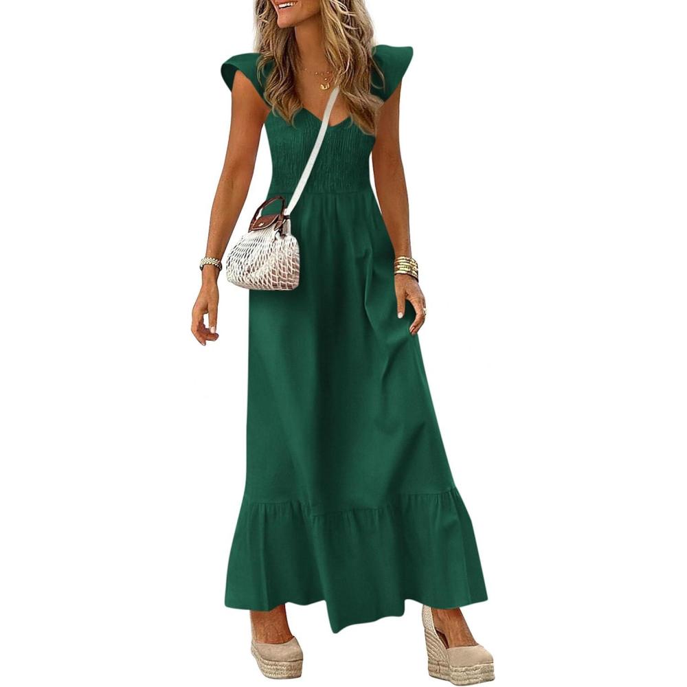 imagePRETTYGARDEN Womens 2026 Summer Casual Maxi Dresses Cap Sleeve V Neck Smocked Long Pockets Party Sundress Vacation OutfitsGreen