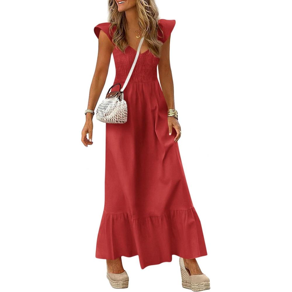 imagePRETTYGARDEN Womens 2026 Summer Casual Maxi Dresses Cap Sleeve V Neck Smocked Long Pockets Party Sundress Vacation OutfitsRed