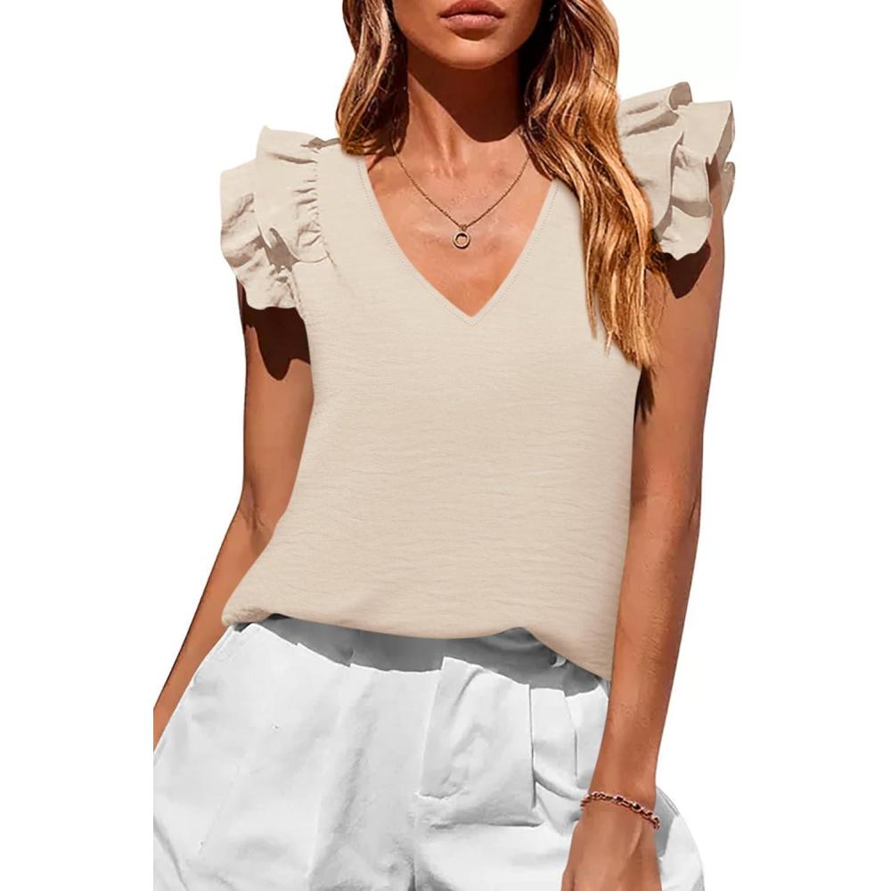 imagePRETTYGARDEN Womens Blouses Dressy Casual 2026 Summer V Neck Ruffle Cap Sleeve Business Work Tops Spring Teacher ShirtsBeige
