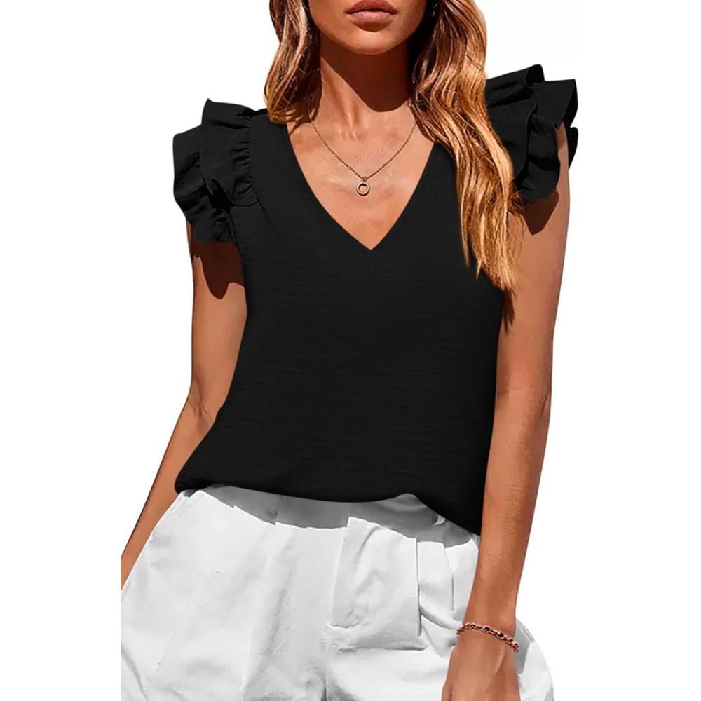 imagePRETTYGARDEN Womens Blouses Dressy Casual 2026 Summer V Neck Ruffle Cap Sleeve Business Work Tops Spring Teacher ShirtsBlack