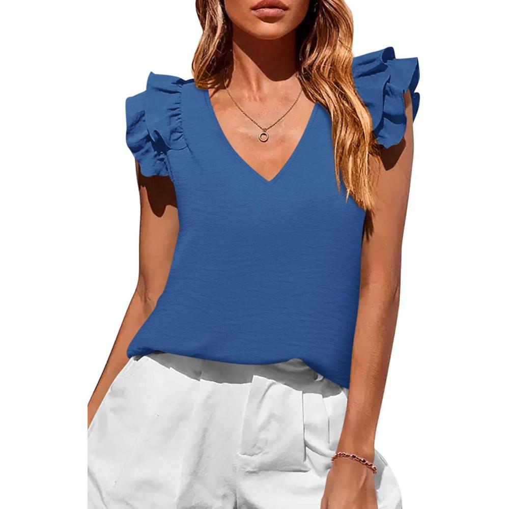imagePRETTYGARDEN Womens Blouses Dressy Casual 2026 Summer V Neck Ruffle Cap Sleeve Business Work Tops Spring Teacher ShirtsBlue