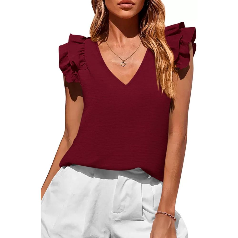 imagePRETTYGARDEN Womens Blouses Dressy Casual 2026 Summer V Neck Ruffle Cap Sleeve Business Work Tops Spring Teacher ShirtsBurgundy
