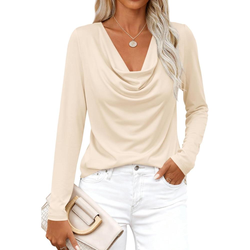imagePRETTYGARDEN Womens Spring Tops 2026 Dressy Cowl Neck Long Sleeve Shirts Loose Business Casual Blouses Teacher Tunic TopBeige