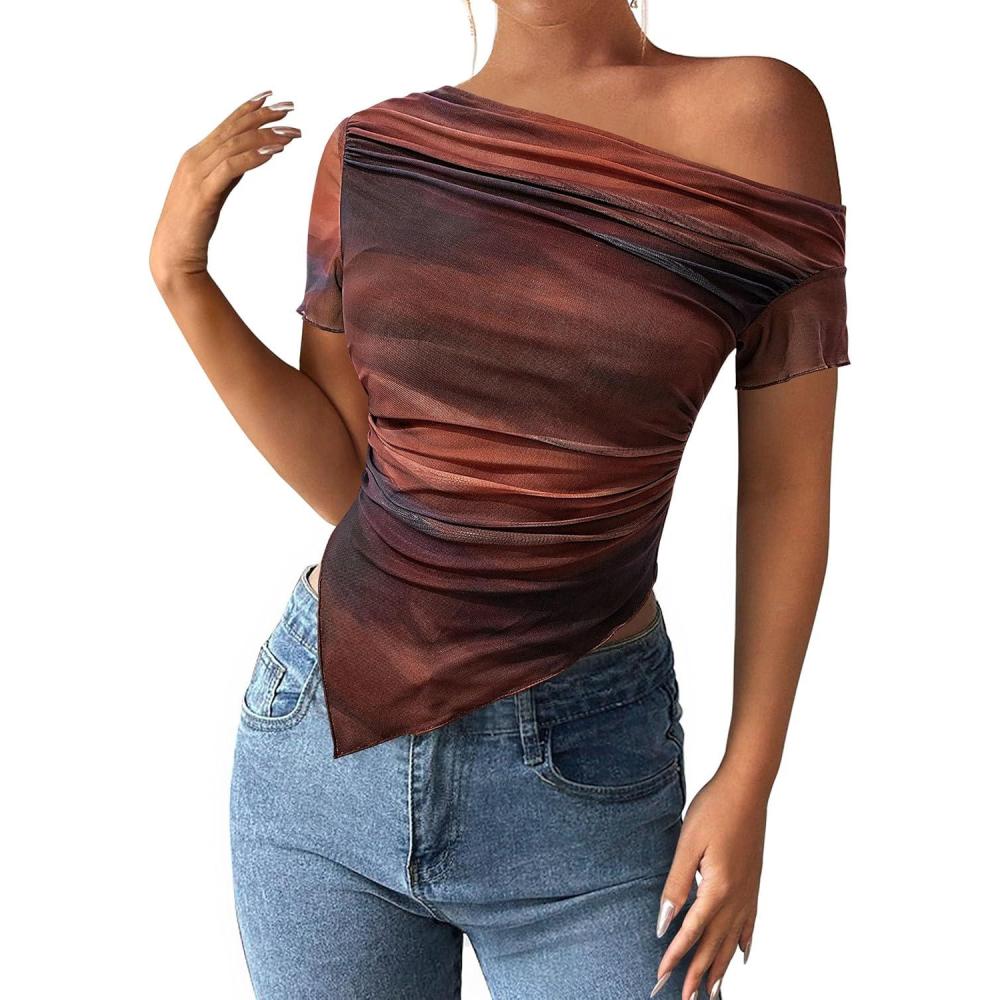 imagePRETTYGARDEN Womens Summer Off The Shoulder Tops 2026 Spring Short Sleeve Mesh Tie Dye Shirt Ruched Asymmetrical Y2k ClothesFloral Red Brown