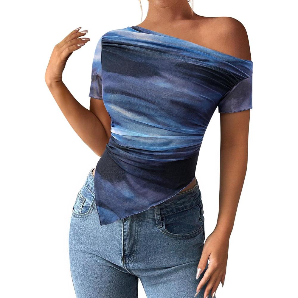 imagePRETTYGARDEN Womens Summer Off The Shoulder Tops 2026 Spring Short Sleeve Mesh Tie Dye Shirt Ruched Asymmetrical Y2k ClothesGradient Blue