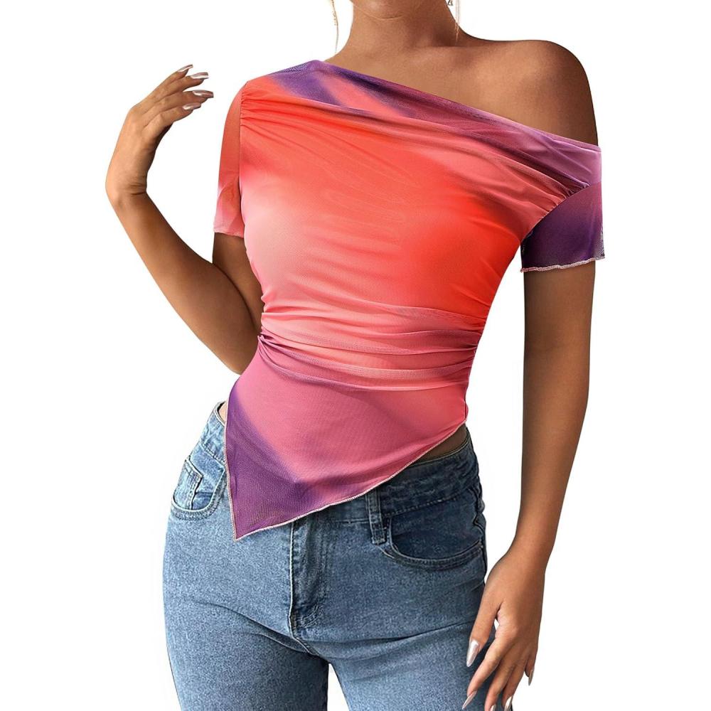 imagePRETTYGARDEN Womens Summer Off The Shoulder Tops 2026 Spring Short Sleeve Mesh Tie Dye Shirt Ruched Asymmetrical Y2k ClothesMulticolour Print