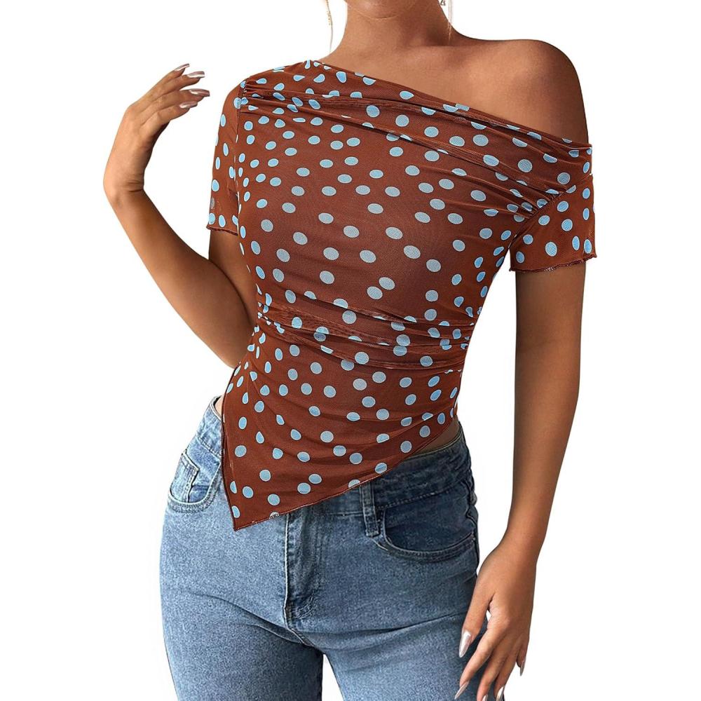 imagePRETTYGARDEN Womens Summer Off The Shoulder Tops 2026 Spring Short Sleeve Mesh Tie Dye Shirt Ruched Asymmetrical Y2k ClothesPolka Dot Brown