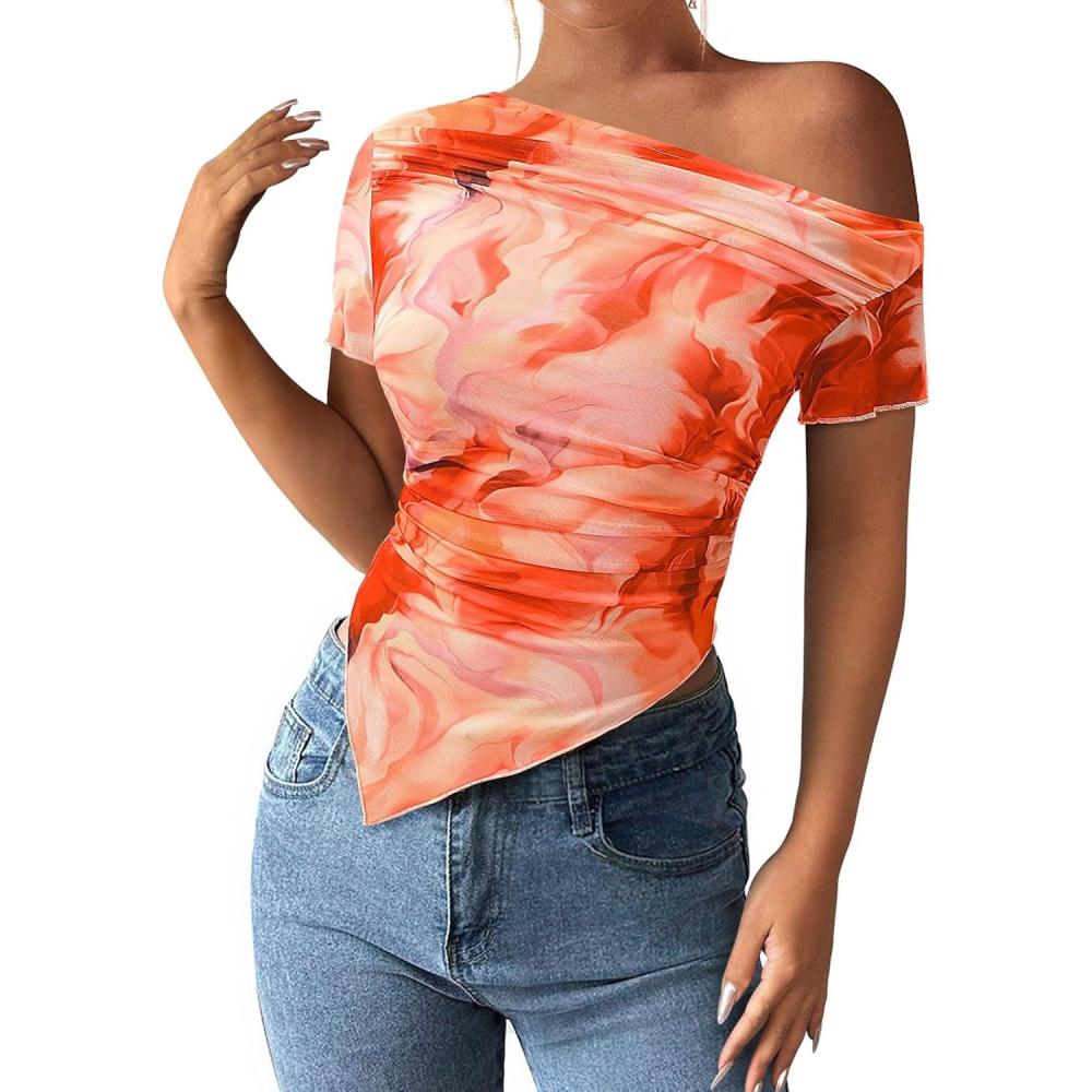 imagePRETTYGARDEN Womens Summer Off The Shoulder Tops 2026 Spring Short Sleeve Mesh Tie Dye Shirt Ruched Asymmetrical Y2k ClothesWatercolour Orange