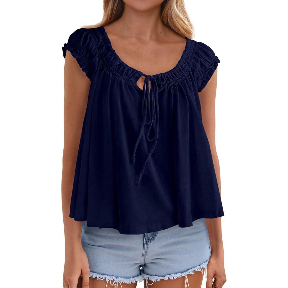 imagePRETTYGARDEN Womens Tie Front Tank Tops 2026 Summer Fashion Cap Sleeve Babydoll Blouses Flowy Shirts Spring Going Out OutfitsNavy Blue