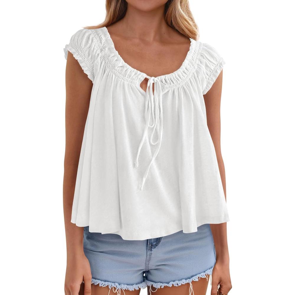 imagePRETTYGARDEN Womens Tie Front Tank Tops 2026 Summer Fashion Cap Sleeve Babydoll Blouses Flowy Shirts Spring Going Out OutfitsWhite