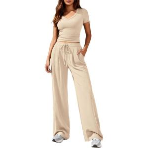 PRETTYGARDEN 2 Piece Sets for Women Summer 2026 Spring Lounge Set Matching V Neck Tops Wide Leg Pants Airport Travel Outfits(Apricot)