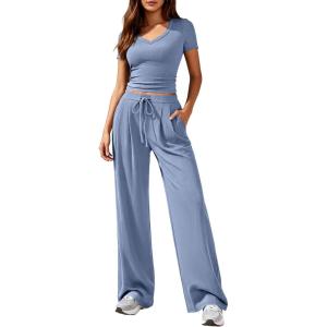 PRETTYGARDEN 2 Piece Sets for Women Summer 2026 Spring Lounge Set Matching V Neck Tops Wide Leg Pants Airport Travel Outfits(Blue Grey)