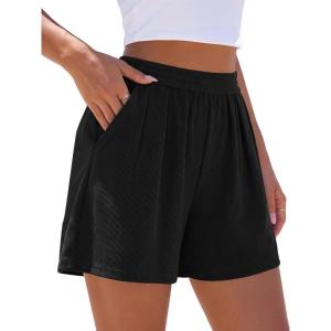 PRETTYGARDEN Flowy Summer Shorts for Women High Waisted Wide Leg Knitted Wide Leg Soft Pajama Shorts Women Vacation Outfits(Black)