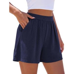 PRETTYGARDEN Flowy Summer Shorts for Women High Waisted Wide Leg Knitted Wide Leg Soft Pajama Shorts Women Vacation Outfits(Navy Blue)