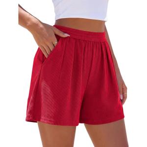 PRETTYGARDEN Flowy Summer Shorts for Women High Waisted Wide Leg Knitted Wide Leg Soft Pajama Shorts Women Vacation Outfits(Red)