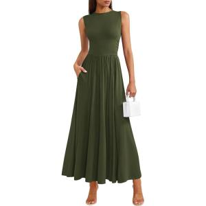 PRETTYGARDEN Summer Maxi Dresses for Women 2026 Sleeveless A Line Flowy Long Casual Sundress Wedding Guest Fashion Clothing(Army Green)