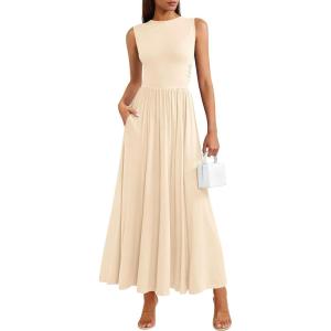 PRETTYGARDEN Summer Maxi Dresses for Women 2026 Sleeveless A Line Flowy Long Casual Sundress Wedding Guest Fashion Clothing(Beige)