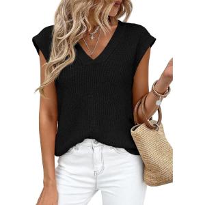 PRETTYGARDEN Women’s 2026 Lightweight Sweaters Vest Spring Trendy Cap Sleeve V Neck Knit Tank Tops Summer Going Out Outfits(Black)
