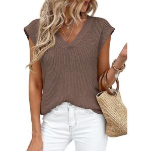 PRETTYGARDEN Women’s 2026 Lightweight Sweaters Vest Spring Trendy Cap Sleeve V Neck Knit Tank Tops Summer Going Out Outfits(Brown)