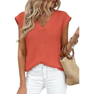 PRETTYGARDEN Women’s 2026 Lightweight Sweaters Vest Spring Trendy Cap Sleeve V Neck Knit Tank Tops Summer Going Out Outfits(Orange)