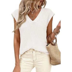 PRETTYGARDEN Women’s 2026 Lightweight Sweaters Vest Spring Trendy Cap Sleeve V Neck Knit Tank Tops Summer Going Out Outfits(White)