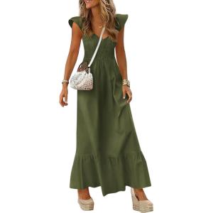 PRETTYGARDEN Women’s 2026 Summer Casual Maxi Dresses Cap Sleeve V Neck Smocked Long Pockets Party Sundress Vacation Outfits(Army Green)