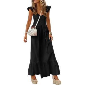 PRETTYGARDEN Women’s 2026 Summer Casual Maxi Dresses Cap Sleeve V Neck Smocked Long Pockets Party Sundress Vacation Outfits(Black)