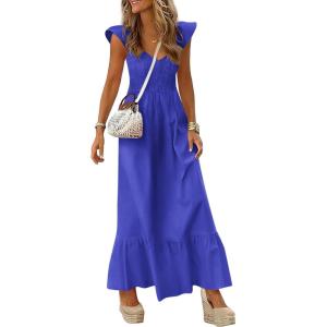 PRETTYGARDEN Women’s 2026 Summer Casual Maxi Dresses Cap Sleeve V Neck Smocked Long Pockets Party Sundress Vacation Outfits(Blue)