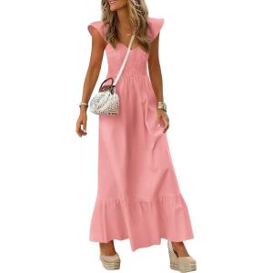 PRETTYGARDEN Women’s 2026 Summer Casual Maxi Dresses Cap Sleeve V Neck Smocked Long Pockets Party Sundress Vacation Outfits(Pink)