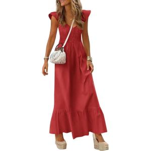 PRETTYGARDEN Women’s 2026 Summer Casual Maxi Dresses Cap Sleeve V Neck Smocked Long Pockets Party Sundress Vacation Outfits(Red)