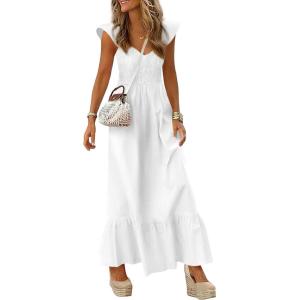 PRETTYGARDEN Women’s 2026 Summer Casual Maxi Dresses Cap Sleeve V Neck Smocked Long Pockets Party Sundress Vacation Outfits(White)