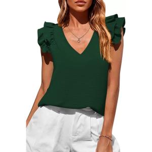 PRETTYGARDEN Womens Blouses Dressy Casual 2026 Summer V Neck Ruffle Cap Sleeve Business Work Tops Spring Teacher Shirts(Dark Green)